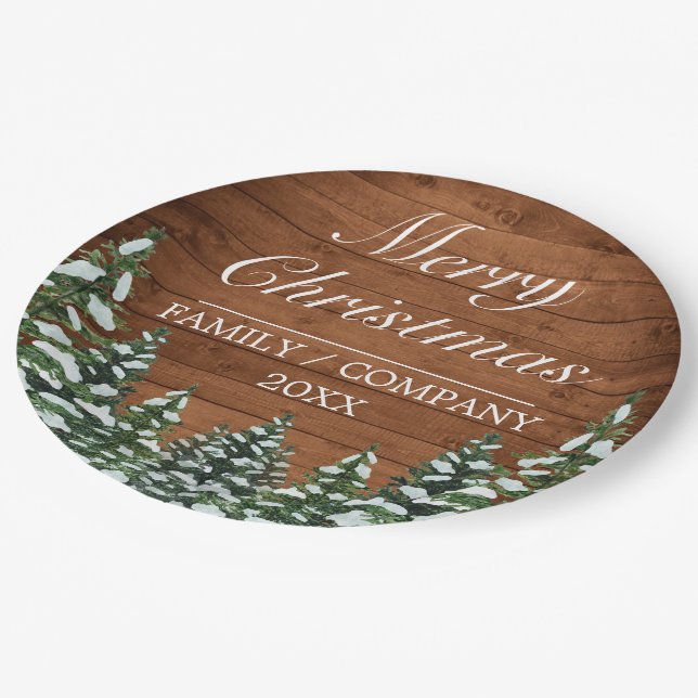 Snowy Wood & Forest Rural Pine Merry Christmas Paper Plate (Angled)