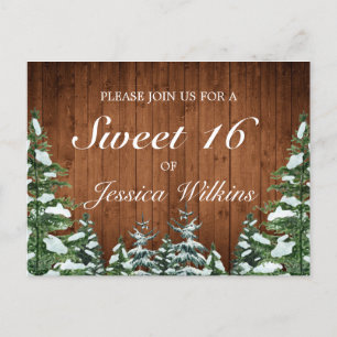 Snowy Wood & Forest Rural Pine Sweet 16 Announcement Postcard
