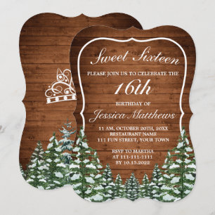 Snowy Wood & Forest Rural Pine Tiara Sweet 16 Invitation