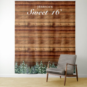 Snowy Wood Forest Rural Sweet 16 Photo Background Tapestry