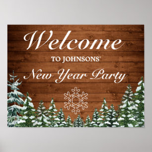 Snowy Wood Forest Snowflake New Year Welcome Sign
