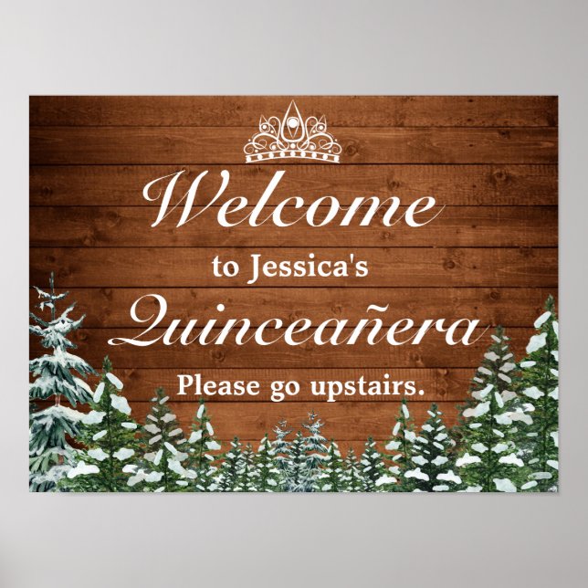 Snowy Wood & Forest Tiara Quinceanera Welcome Sign (Front)
