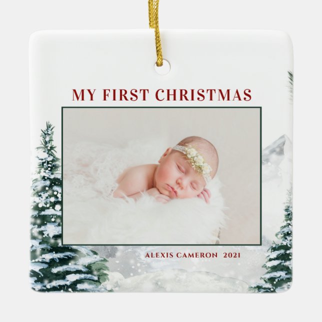 Snowy Woodland Baby's First Christmas Photo Ceramic Ornament (Front)
