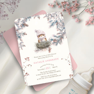 Snowy Woodland Dusty Pink Bird's Nest Baby Shower Invitation