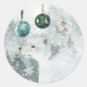 Snowy Woodland Forest Arctic Fox Glass Ornaments Classic Round Sticker