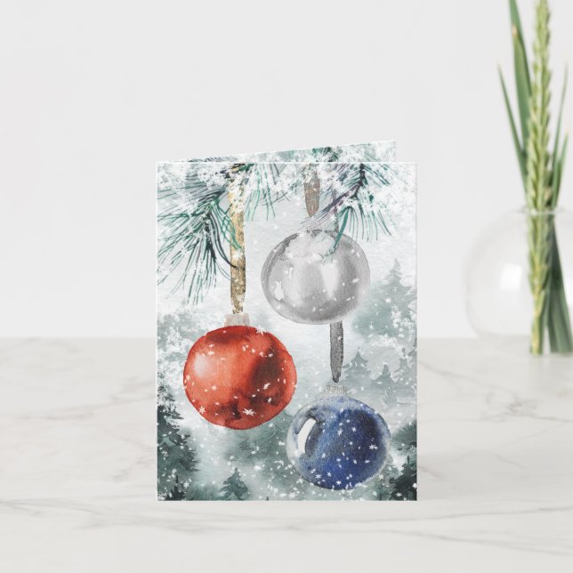 Snowy Woodland Forest Hanging Glass Ornaments Holi Holiday Card (Front)