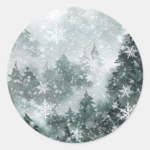 Snowy Woodland Mountain Forest Classic Round Sticker
