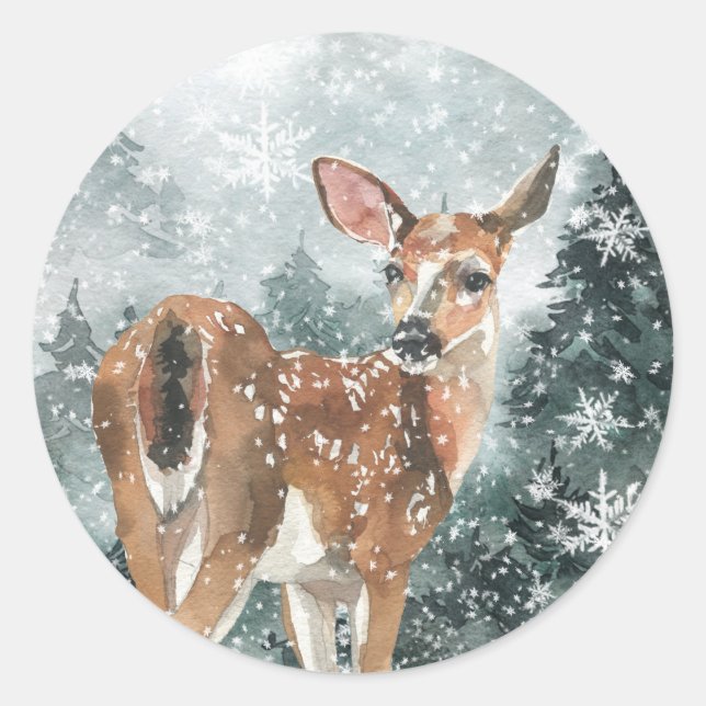 Snowy Woodland Mountain Forest Reindeer Classic Round Sticker (Front)
