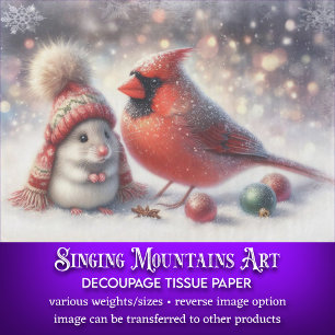 Snowy Woodland Mouse and Cardinal Decoupage Tissue Paper