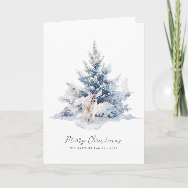 Snowy Woodland Pine Deer Merry Christmas Flat Card (Front)