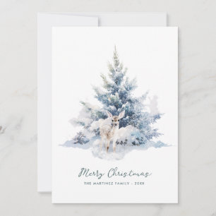 Snowy Woodland Pine Deer Merry Christmas Flat Holiday Card
