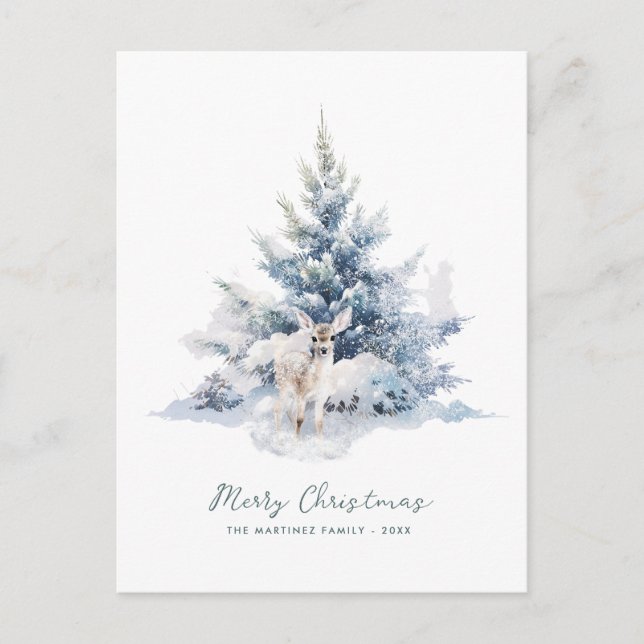 Snowy Woodland Pine Deer Merry Christmas Holiday Postcard (Front)