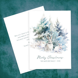 Snowy Woodland Pine  Rabbit Merry Christmas Flat Holiday Card