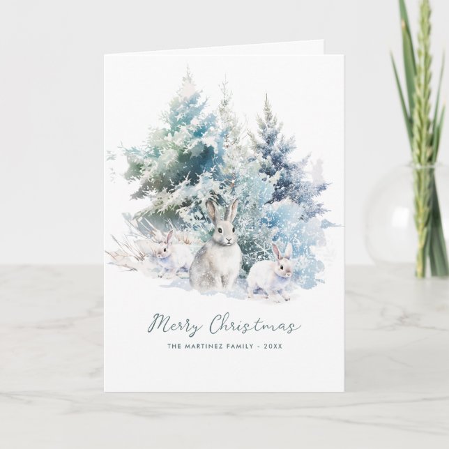 Snowy Woodland Pine  Rabbit Merry Christmas Folded Card (Front)