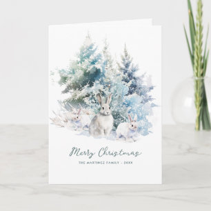 Snowy Woodland Pine  Rabbit Merry Christmas Folded Card