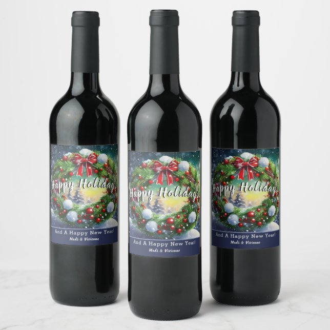 Snowy Wreath Holiday Wine Label (Bottles)