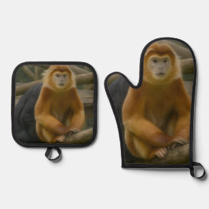 Snub-Nosed Monkey in Woodland Refuge Oven Mitt & Pot Holder Set