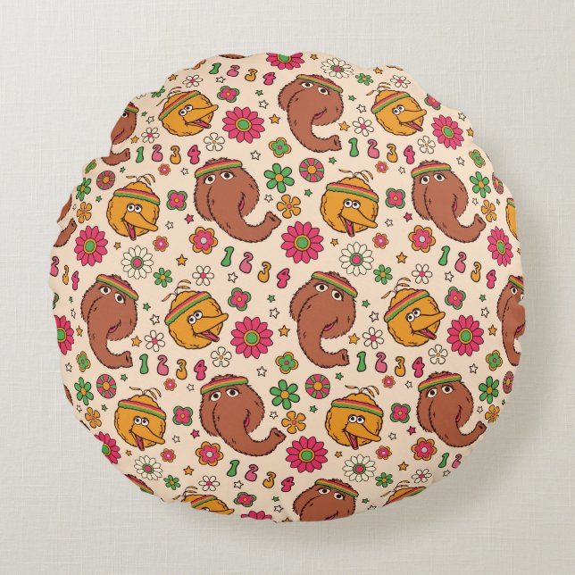 Snuffleupagus and Big Bird Groovy Flower Pattern Round Cushion (Front)