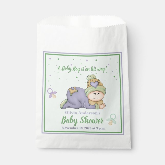 Snuggle Baby Boy - Green & Purple Baby Shower   Favour Bags (Front)