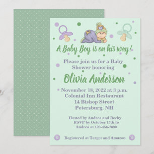 Snuggle Baby Boy - Green & Purple Baby Shower Invitation