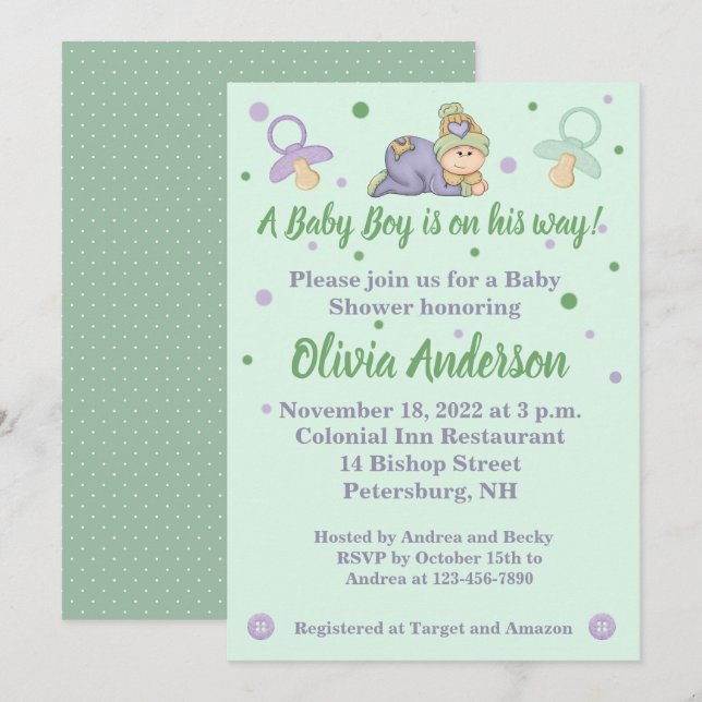 Snuggle Baby Boy - Green & Purple Baby Shower Invitation (Front/Back)