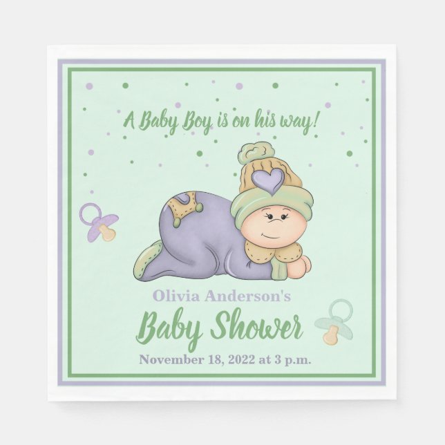 Snuggle Baby Boy - Green & Purple Baby Shower Napkin (Front)