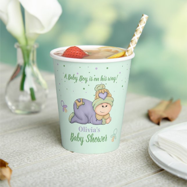 Snuggle Baby Boy - Green & Purple Baby Shower   Paper Cups (Insitu)