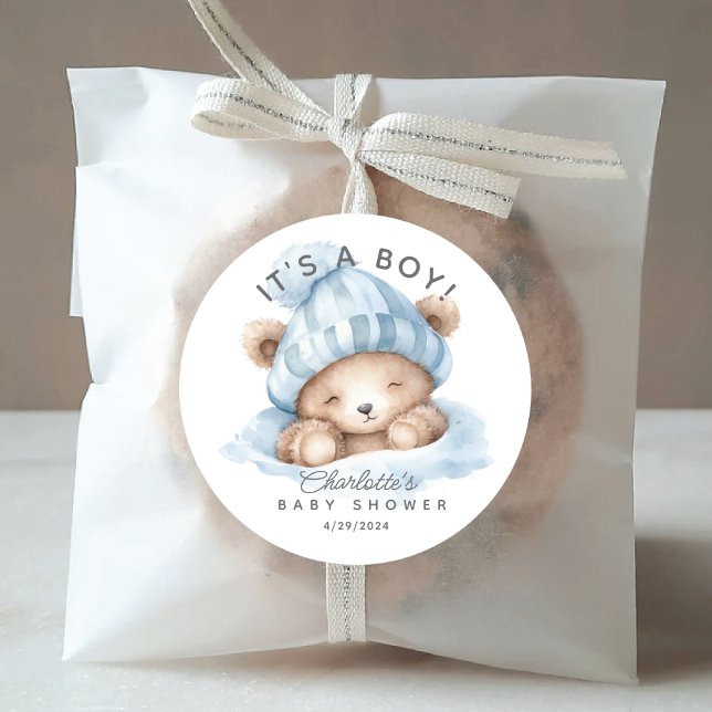 Snuggle Bear Baby Shower It's a Boy Classic Round Sticker (Creator Uploaded)