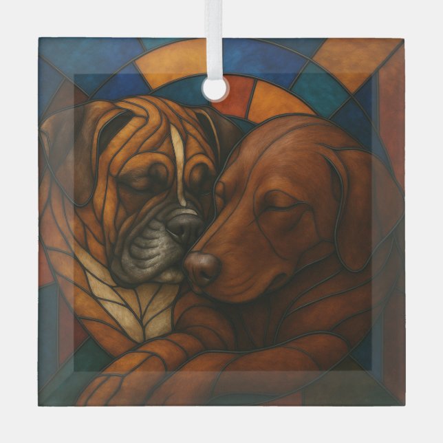 Snuggling Boxer and Chocolate Lab "Stained Glass" Glass Tree Decoration (Front)