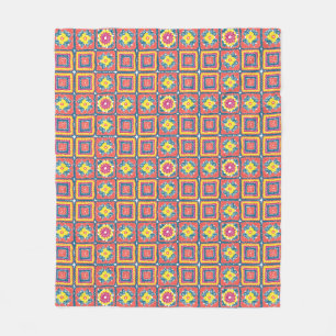 Snuggly Modern Retro Coral Granny Square Fleece Blanket