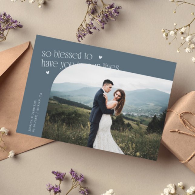 So Blessed Slate Blue Wedding Photo Thank You Card (Creator Uploaded)