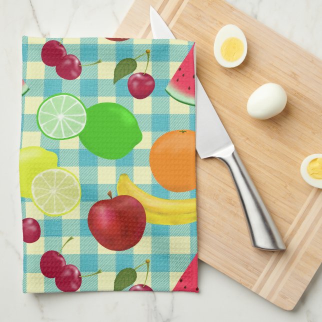 So Cute Fruit Aqua Checks Pattern Tea Towel (Quarter Fold)