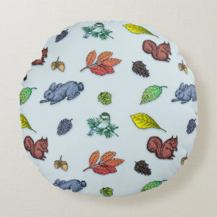 So Cute Woodland Animals Autumn Floral Round Cushion