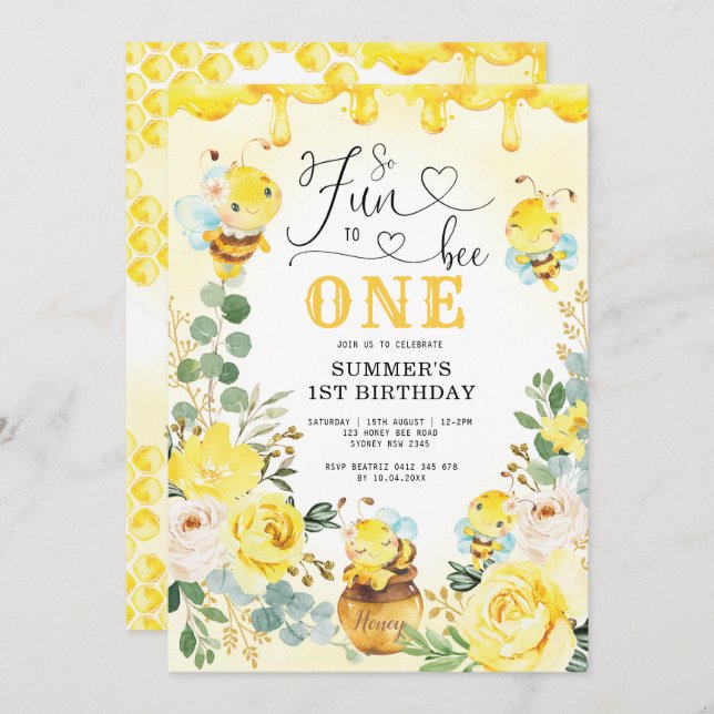 So Fun to Bee One Honeycomb Bee Birthday Party Invitation (Front/Back)