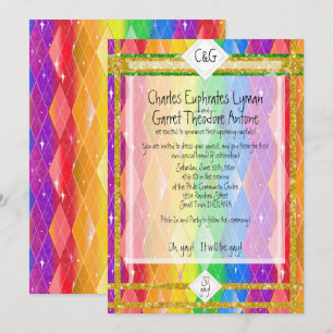 SO gay! Rainbow Argyle, Glitter Monogram Wedding I Invitation