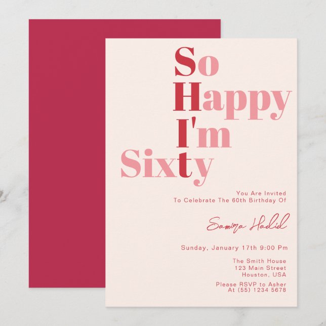 So Happy I'm SIXTY Bold Pink 60th Birthday Party  Invitation (Front/Back)