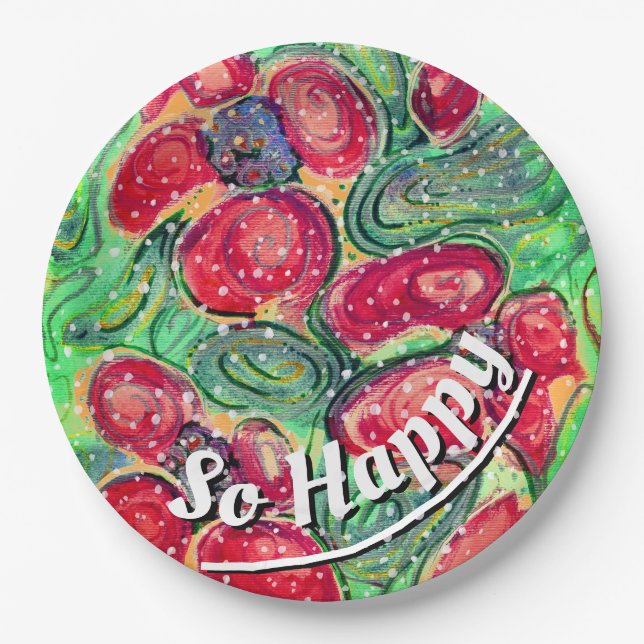 "So Happy" Red Flowers Fantasy Paper Plate (Front)