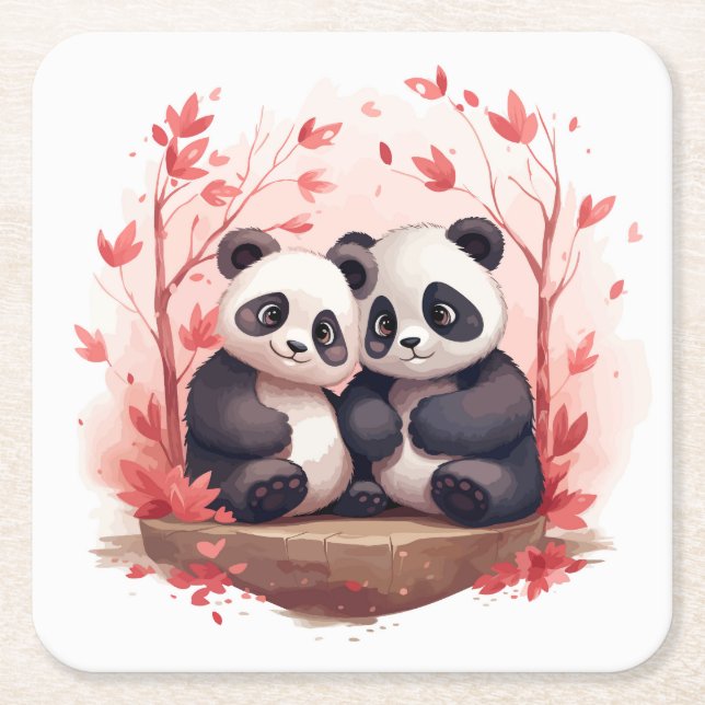 So Happy Together Panda pair  Square Paper Coaster (Front)