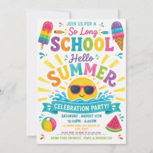 So Long School Hello Summer Colourful Pool Party Invitation