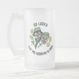 So Lucky Gift for Husband Irish Sugar Skulls Frosted Glass Beer Mug