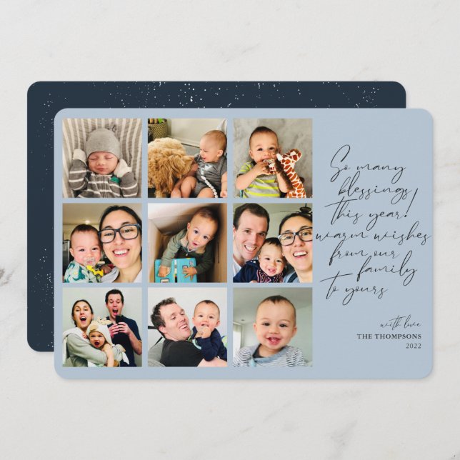 So Many Blessings Year Review Photo Collage Blue Holiday Card (Front/Back)