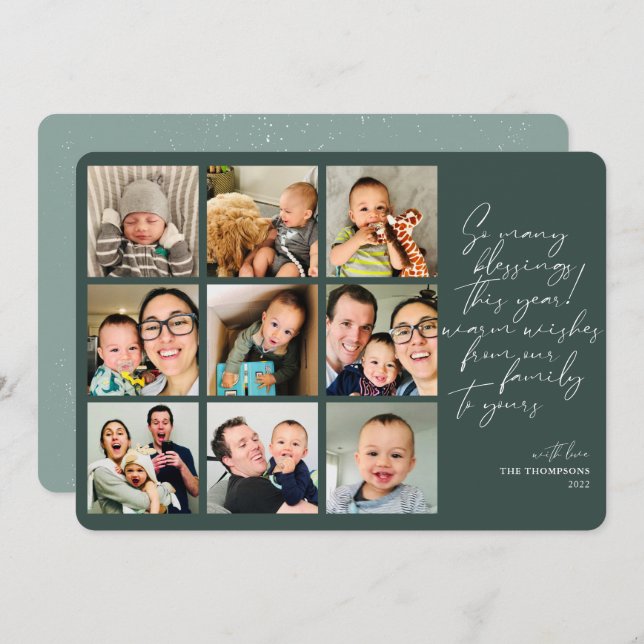 So Many Blessings Year Review Photo Collage Green Holiday Card (Front/Back)