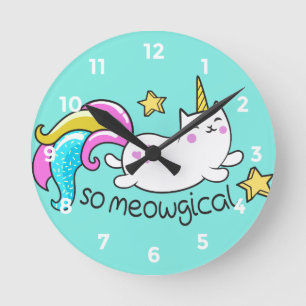 So Meowgical Cute Unicorn kitty glitter sparkles Round Clock