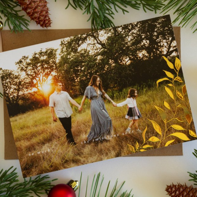 So Much Joy Gold Foil Christmas Foliage Photo Foil Holiday Card (Creator Uploaded)