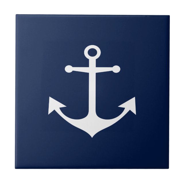 So Nautical - White Anchor on Blue Ceramic Tile (Front)