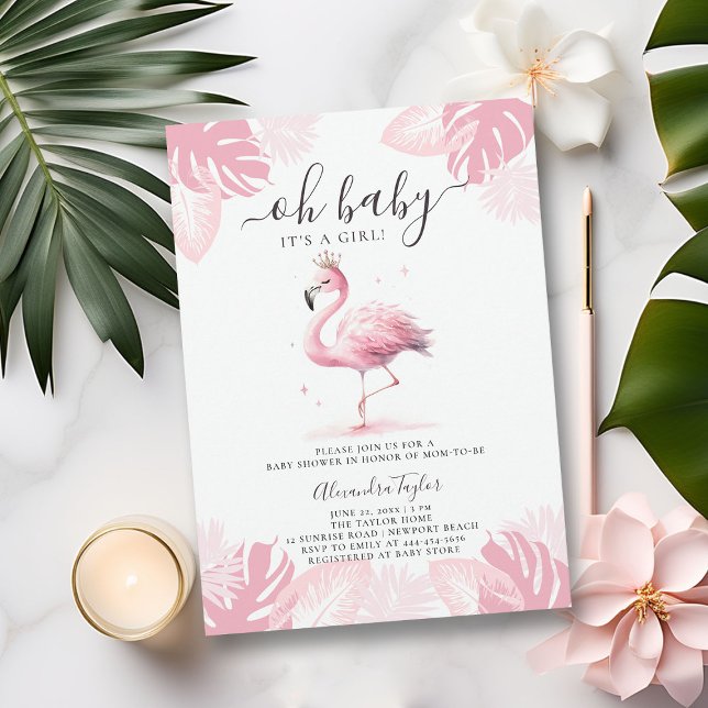 So Pink Flamingo Tiara Tropical Girl Baby Shower Invitation (so pink flamingo baby girl shower invitation cute watercolor tropical invite purple blush summmer)