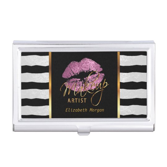 So Pink Glitter Lips and White Stripes Business Card Holder