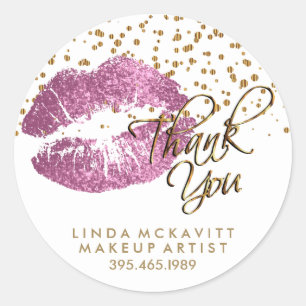 So Pink Glitter Lipstick on White - Thank You Classic Round Sticker