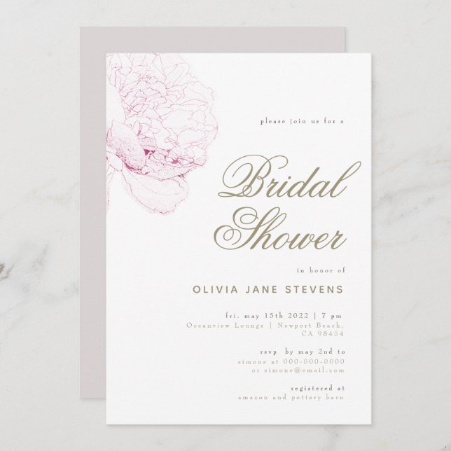 So Pink Peony Elegant Script Floral Bridal Shower Invitation (Front/Back)
