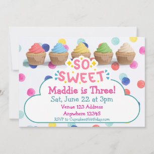 So Sweet, Colourful Cupcakes & Polka Dot Birthday Invitation